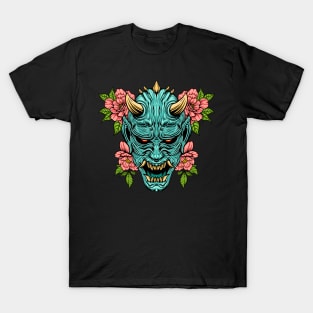 oni mask red green flower leaf skull T-Shirt